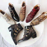 Round Toe Rivet Flower Short Boots Cowhide Thick Heel Low New-BS00985-Veeddydropshipping